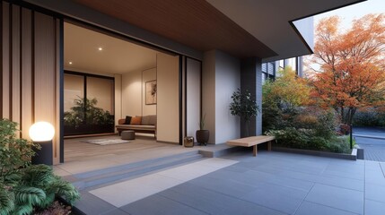 Aufkleber - Exterior shot of a contemporary house with an open sliding door, revealing a modern living space. The entrance features a stone pathway leading to a wooden bench, with autumn foliage in the