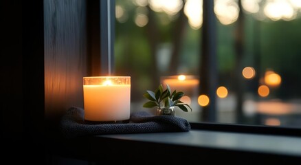 Poster - A close-up shot showcases a glowing candle on a gray cloth-covered window sill, with soft lighting that highlights a small plant and blurred lights in the background, creating a cozy and warm