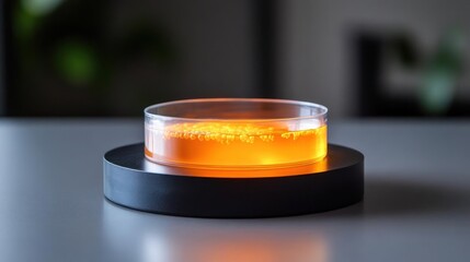 Poster - Close-up of a petri dish containing a vibrant orange liquid, placed on a round black platform, showcasing the liquid's texture and color against a blurred dark green and grey backdrop