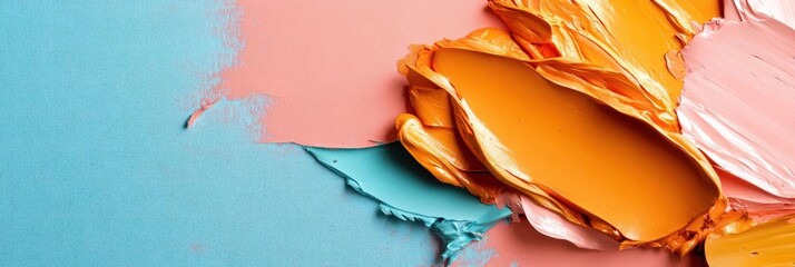 Leinwandbilder - Macro shot of colorful pastel cosmetic smears. A mix of light blue powder, pink cream, and orange thick strokes for beauty and design concepts. Perfect for textures and backgrounds with a vibrant