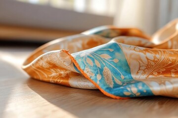 Leinwandbilder - An eye-level close-up captures a folded light orange fabric with teal and white floral patterns, resting on a wooden surface. Natural light illuminates the fabric, creating soft shadows and