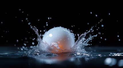 Leinwandbilder - A dynamic high-speed shot captures a white sphere impacting water, creating a splash. The sphere is centered with water droplets spraying outwards. The backdrop is a solid black, which accentuates