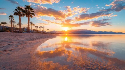 Poster - A serene beach scene at sunset features calm water reflecting the colorful sky and setting sun. Palm trees line the sandy shore. The sky is filled with clouds tinged with orange and golden light