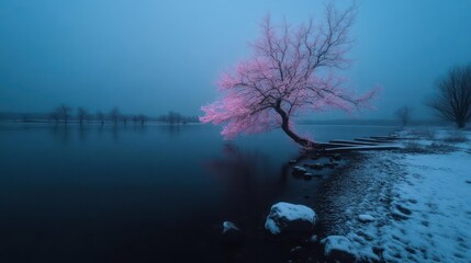 Aufkleber - A serene landscape featuring a snow covered lakeside with a flowering tree. The tree has pink flowers under a cold, bluish light. A tranquil atmosphere captured on the waterfront