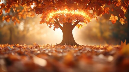 Aufkleber - A breathtaking autumn scene featuring a large tree with vibrant orange leaves, illuminated by a warm, golden sunlight. The ground is covered with fallen leaves, creating a picturesque and inviting