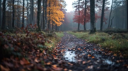 Poster - A forest path during autumn with fallen leaves. The path is muddy with puddles and lined with trees, some with yellow leaves and others with red. The background shows more trees fading into the