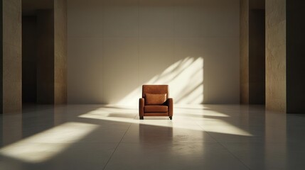 Poster - A centered composition with a single brown armchair placed in a large, empty hall. Light streams in, casting shadows that emphasize the architecture and create a sense of stillness and solitude
