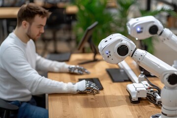 Aufkleber - A young man works at a wooden desk, with his hands replaced by robotic prosthetics. Next to him, a robot arm extends, suggesting advanced technology and human-machine interaction. The background