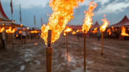 Aufkleber - Bright orange flames shoot upward from bamboo torches illuminating an outdoor fair at dusk, creating a warm glow against the blurred backdrop of tents and gathering people in a festival atmosphere