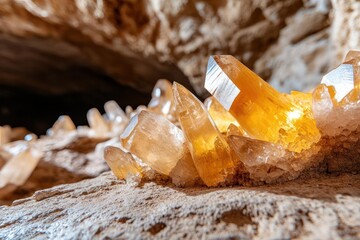 Poster - Macro shot of a cluster of yellowish-white calcite crystals with sharp points and crystalline structures on a rough rock surface. The crystals are lit to highlight their translucent quality, set