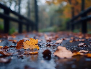 Poster - Detailed ground-level shot of wet fallen leaves on a wooden surface with an out-of-focus wooden bridge in the background. Image shows rich colors of autumn with brown and yellow leaves and the dark