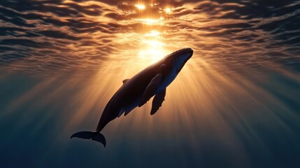 Fototapete - A serene underwater scene captures a whale gracefully swimming with sun rays penetrating the surface, creating a golden glow. The animal contrasts against the bright light, emphasizing its form and