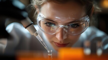 Poster - Close up of a woman scientist with safety glasses using dropper in a lab, wearing a white coat, with orange light from test tube. Focusing on the research work with lab equipment and blurred
