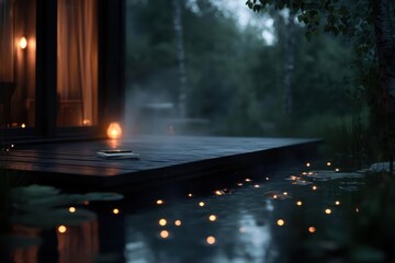 Aufkleber - Misty outdoor scene with warm light emitting from a house's window onto a rain slicked patio, which reflects ambient light into the surrounding still water creating glowing effect, surrounded by