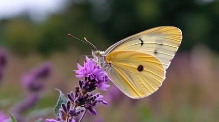 Aufkleber - Macro shot of a Colias butterfly with pale yellow wings and black markings on a vibrant purple flower, set against a soft green and purple blurred background. The butterfly's intricate details are in