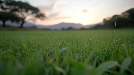 Poster - Close-up of vivid green grass, with dew drops glistening in soft sunlight at dawn. Silhouette of a distant mountain range and trees against the colorful sky, creating a serene and scenic outdoor