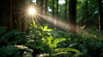 Leinwandbilder - Sunlight streams through a dense, lush forest, illuminating vibrant green ferns and foliage in the foreground. Tall trees stand guard, creating a serene and enchanting woodland scene