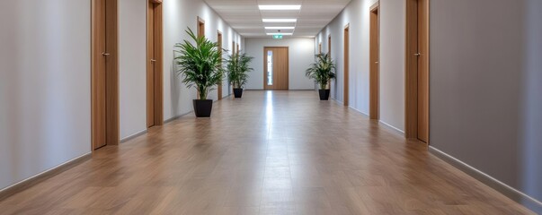 Poster - A brightly lit hallway with a light wooden floor and white walls, accentuated by potted green plants. Wooden doors line the hall, which features recessed lighting at the base of the walls and