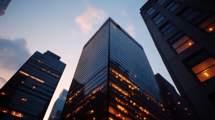 Poster - Low angle shot showcasing modern office buildings at dusk, featuring illuminated windows, reflecting the warm sunset sky. Urban architecture is highlighted against a twilight backdrop