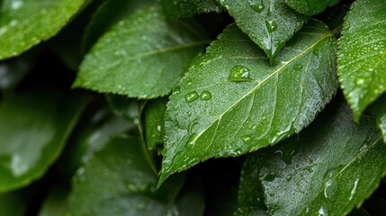 Aufkleber - Close-up shot capturing vibrant green leaves adorned with glistening water droplets. The leaves are densely packed, creating a lush and refreshing natural scene, highlighting nature and fresh dew