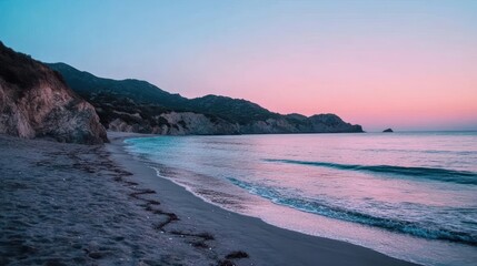 Aufkleber - A scenic beach landscape at dusk, showcasing a tranquil ocean with gentle waves meeting the sandy shore, with rock formations and coastal vegetation adding depth and texture to the idyllic scene