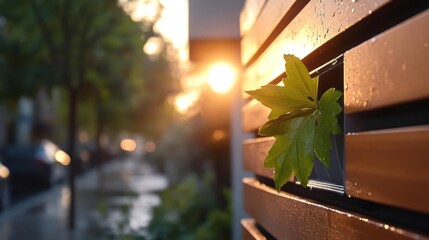 Poster - Close up of a vibrant green leaf trapped in a modern wooden fence panel after a rain shower, with a blurred urban street scene bathed in golden sunlight in the background. The wet fence reflects the