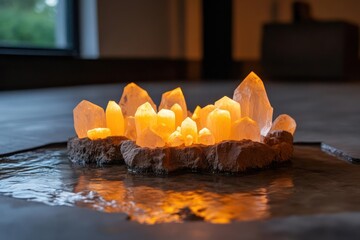 Aufkleber - Close-up of glowing crystals on a textured base reflected in water. The light emphasizes their structure against a dark background, creating a focal point. There is a soft light shining through a