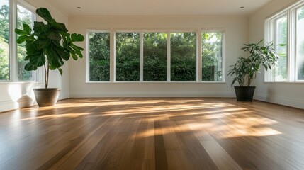 Poster - Sunlit empty room with wooden floor, featuring two potted plants beside large windows overlooking lush greenery. The light and shadows create patterns on the floor, enhancing the room's inviting