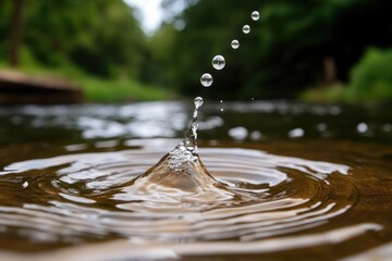 Poster - Close-up shot of water droplets falling into a calm river creating ripples, surrounded by lush green trees. The water is clear and the lighting highlights the textures of the water and the riverbed
