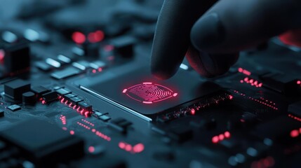 Aufkleber - Close-up shot of a gloved hand touching a glowing red microchip on a dark, intricate circuit board. The composition highlights technological precision and the complexity of electronic components