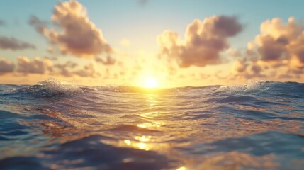Aufkleber - Beautiful landscape of a golden sunset reflecting on the rippling ocean surface, with fluffy clouds scattered across the horizon, creating a serene and warm atmosphere. Water glistens under the