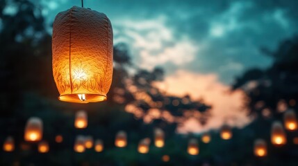 Aufkleber - A captivating close-up of a glowing lantern with a grainy texture, casting a warm light against a blurred background of trees and a twilight sky dotted with numerous similar lanterns, evokes a serene