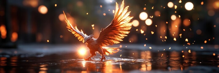 Aufkleber - A luminous eagle stands on a wet surface reflecting orange light, its wings partially spread. Bokeh lights dot the blurred backdrop, enhancing the glowing effect. The scene is set against a dark