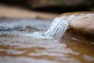 Aufkleber - Close up shot capturing a small waterfall cascading over a flat rock into a shallow stream. The water is clear and reflects the warm, earthy tones of the rocks and sand. The background is blurred