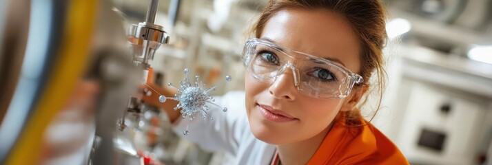 Poster - Close-up of a focused woman with curly hair wearing safety goggles and lab coat, handling a scientific instrument in a bright laboratory. The image is well-lit, highlighting the cleanliness and