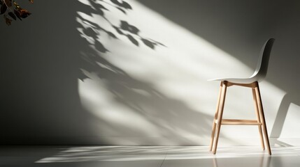 Poster - Minimalist white chair stands against a textured white wall, illuminated by a sunbeam and shadows of leaves. The floor is white and shiny. Shot in bright, natural light, emphasizing clean lines and