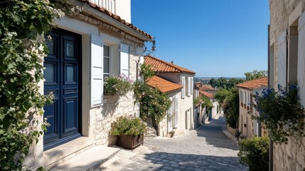Aufkleber - Captured in daylight, the image showcases a cobblestone street lined with stone buildings featuring red tile roofs and vibrant flora. A bold blue door contrasts with the neutral stone, complemented