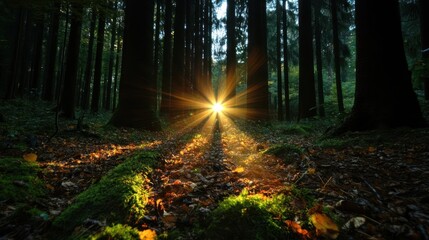 Leinwandbilder - Sunlight pierces through a dense forest of tall trees, casting long shadows across the mossy ground and fallen leaves, creating a serene and enchanting natural landscape bathed in warm light