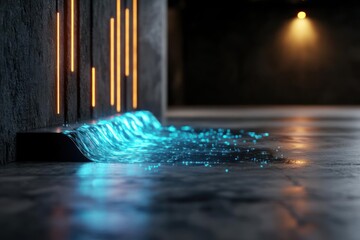 Aufkleber - Abstract image features flowing, luminous blue liquid cascading over a dark surface in a dim, industrial setting. Glowing lights frame the scene, emphasizing the contrast between light and shadow