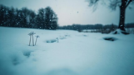 Leinwandbilder - Winter landscape with a blanket of snow covering the ground. Footprints lead through the field towards a blurred background of trees under a cloudy sky, creating a serene, cold atmosphere