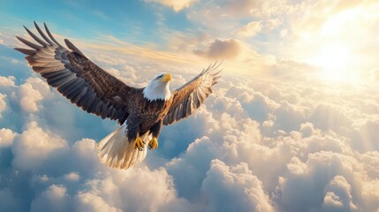 Aufkleber - A majestic bald eagle soars high above a sea of clouds, its wings spread wide against the warm glow of the sun. The feathers are detailed, and the light adds a dramatic effect to the overall scene