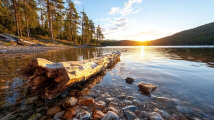 Aufkleber - Scenic landscape capturing a serene lake at sunset with clear water and rocky shore, featuring a fallen log in the foreground, set against a backdrop of evergreen trees and a bright, warm sky