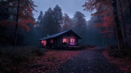 Aufkleber - Cozy log cabin nestled in a misty autumnal forest. Warm light emanates from the cabin windows, illuminating the surrounding foliage. A path leads to the cabin through the colorful fallen leaves in an