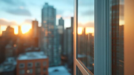 Poster - Warm sunlight streams through a window, casting a golden glow on the frame and reflecting the blurred cityscape beyond. The buildings are silhouetted against the bright sky, with the light creating a
