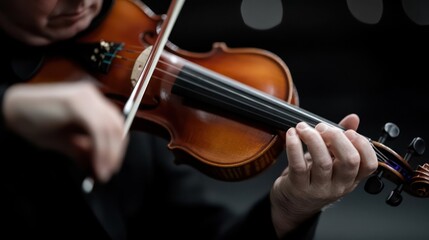 Aufkleber - Close-up shot of a musician playing a brown violin with a bow. The musician's hands are visible, demonstrating the playing technique, set against a dark, blurred background. The focus is sharp on the