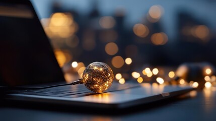 Fototapete - A close-up features a sparkling golden ornament resting on a laptop, illuminated by bokeh lights in the background, creating a warm and festive ambience
