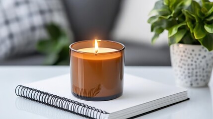Poster - A close-up showcases a lit brown glass candle atop a white spiral notebook, complemented by a potted green plant in the background. The composition is set on a white table against a gray backdrop
