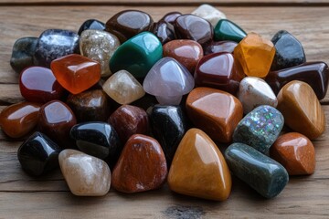Aufkleber - An overhead shot features a vibrant cluster of tumbled stones in various colors and shapes, set against a rustic wood grain backdrop. The polished surfaces reflect light, highlighting the stones'