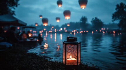 Aufkleber - Night view showcases glowing lanterns released over a tranquil lake, with a large decorative lantern in the foreground and blurred figures of people in the background. Dark greens and blues dominate