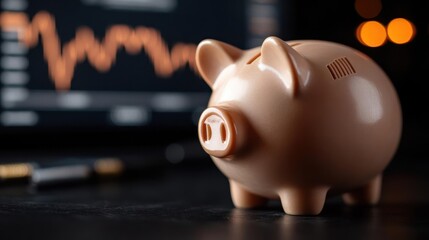 Aufkleber - Close up of a brown piggy bank on a dark surface with blurred background showing a financial graph and glowing lights, symbolizing savings, investment, and financial planning in a modern setting
